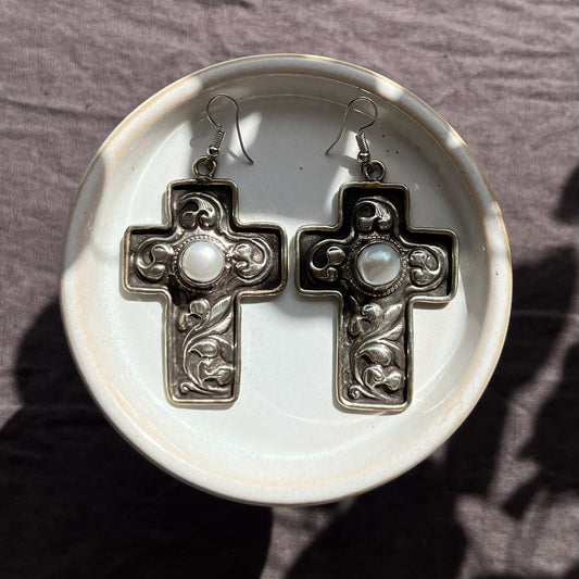 Pearl Cross Earrings